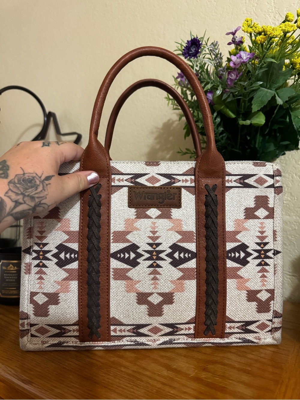 Wrangler Brown and Cream Aztec Satchel with Braided Accents